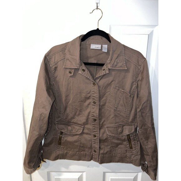 CHICOS PLATINUM Jean Jacket Womens 2 Sz L Brown Snap front Utility casual - Picture 9 of 9